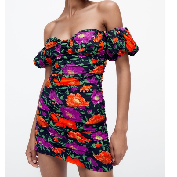 NEW! Zara Floral Print Off the Shoulder Mini Dress - Picture 2 of 13